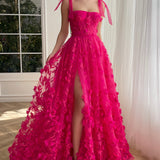 Kayleigh | Fuchsia Elegant A-line 3D Flower Lace Prom Dress With Slit