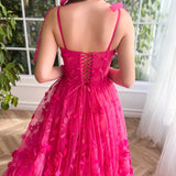 Kayleigh | Fuchsia Elegant A-line 3D Flower Lace Prom Dress With Slit