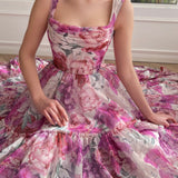 A Line Floral Pink Long Prom Dress