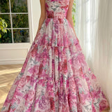 A Line Floral Pink Long Prom Dress