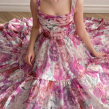 A Line Floral Pink Long Prom Dress