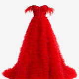 Ingrid |Red A Line Sweetheart Tiered Tulle Long Prom Dress With Slit