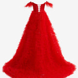 Ingrid |Red A Line Sweetheart Tiered Tulle Long Prom Dress With Slit