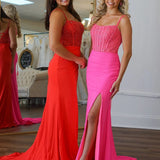 Iolanthe | Mermaid Square Neck Red Beaded Long Prom Dress with Slit