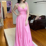 Iona | Pink Pleated Chiffon A-line Long Prom Dress