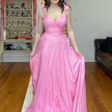 Iona | Pink Pleated Chiffon A-line Long Prom Dress