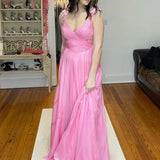 Iona | Pink Pleated Chiffon A-line Long Prom Dress