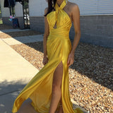 Iras | Yellow Halter Satin Mermaid Long Prom Dress With Slit