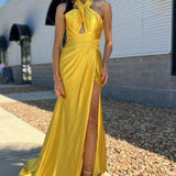 Iras | Yellow Halter Satin Mermaid Long Prom Dress With Slit