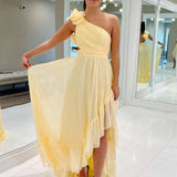 Ishmael | Light Yellow A-line One Shoulder Lace-Up Pleated Ruffle High-Low Prom Dress