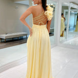 Ishmael | Light Yellow A-line One Shoulder Lace-Up Pleated Ruffle High-Low Prom Dress