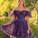 Ivana | A Line Off the Shoulder Printed Tulle Short Homecoming Dress