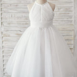 Chiffon Tulle Halter Neck Keyhole Back Flower Girl Dress