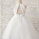 Chiffon Tulle Halter Neck Keyhole Back Flower Girl Dress