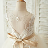 Champagne Belt, Keyhole Back Lace, and Tulle Flower Girl Dress