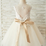 Champagne Belt, Keyhole Back Lace, and Tulle Flower Girl Dress