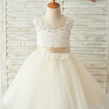 Champagne Belt, Keyhole Back Lace, and Tulle Flower Girl Dress