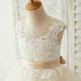 Champagne Belt, Keyhole Back Lace, and Tulle Flower Girl Dress