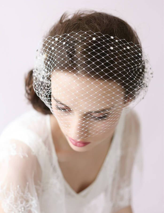 Ivory Mesh Birdcage Veils with Tiny Beads