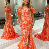 Jalea | Orange Sweetheart Mermaid Lace Long Prom Dresses With Split