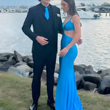 Palmyra | Mermaid V Neck Blue Satin Cut-out Waist Prom Dresses