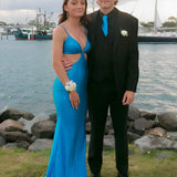 Palmyra | Mermaid V Neck Blue Satin Cut-out Waist Prom Dresses