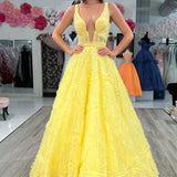 Joeli | Yellow A-line Plunging V Neck Lace-Up Ruffles Long Prom Dress