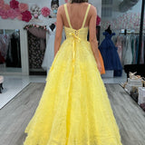 Joeli | Yellow A-line Plunging V Neck Lace-Up Ruffles Long Prom Dress