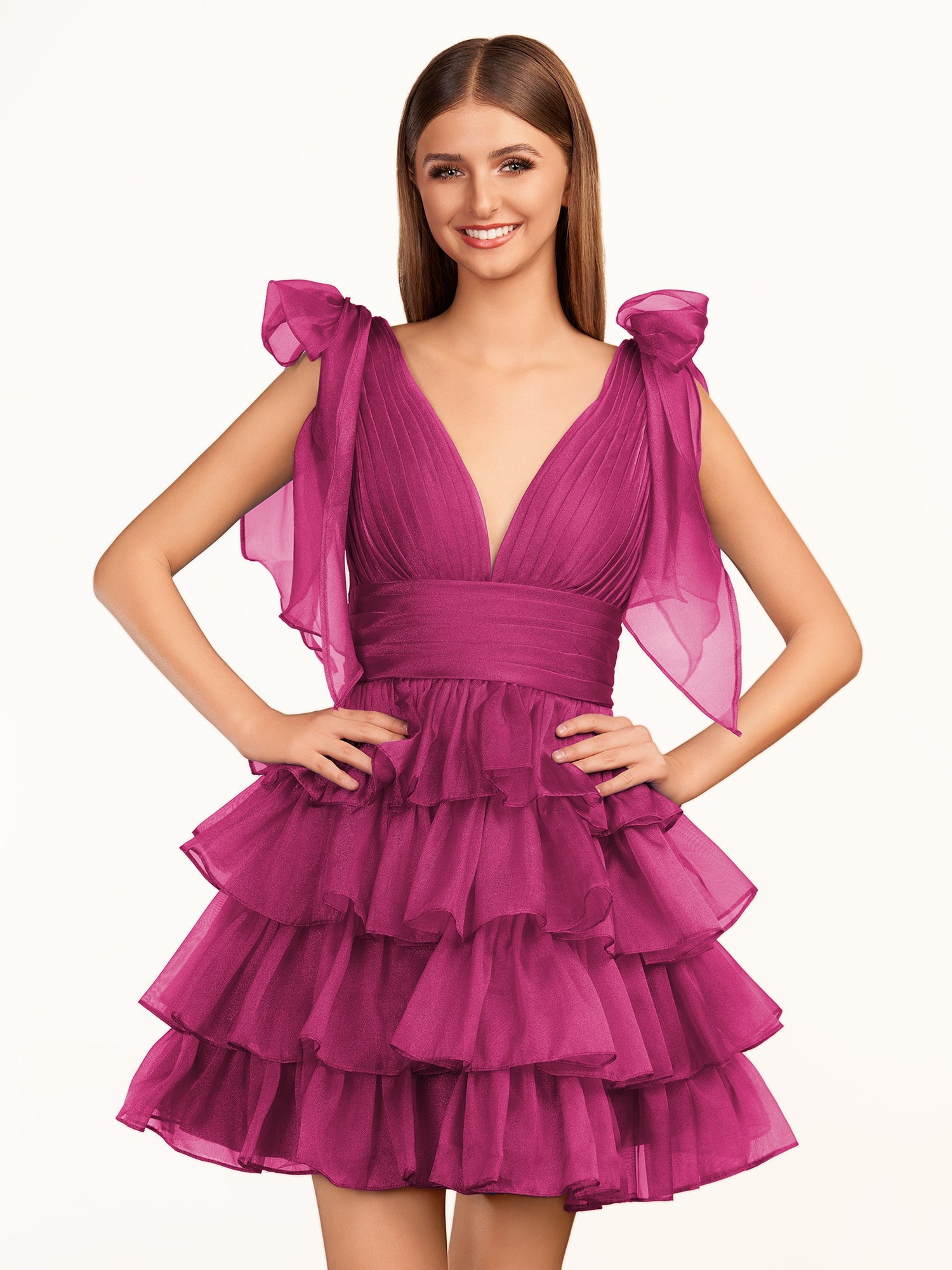 KissDress Trendy  A-Line Royal Blue Tiered Homecoming Dress with Bow | Crafted from durable polyester, the V-neckline frames your face beautifully. Shine bright on your special night in this comfortable and luxurious dress.