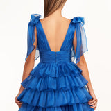 KissDress Trendy  A-Line Royal Blue Tiered Homecoming Dress with Bow | Crafted from durable polyester, the V-neckline frames your face beautifully. Shine bright on your special night in this comfortable and luxurious dress.