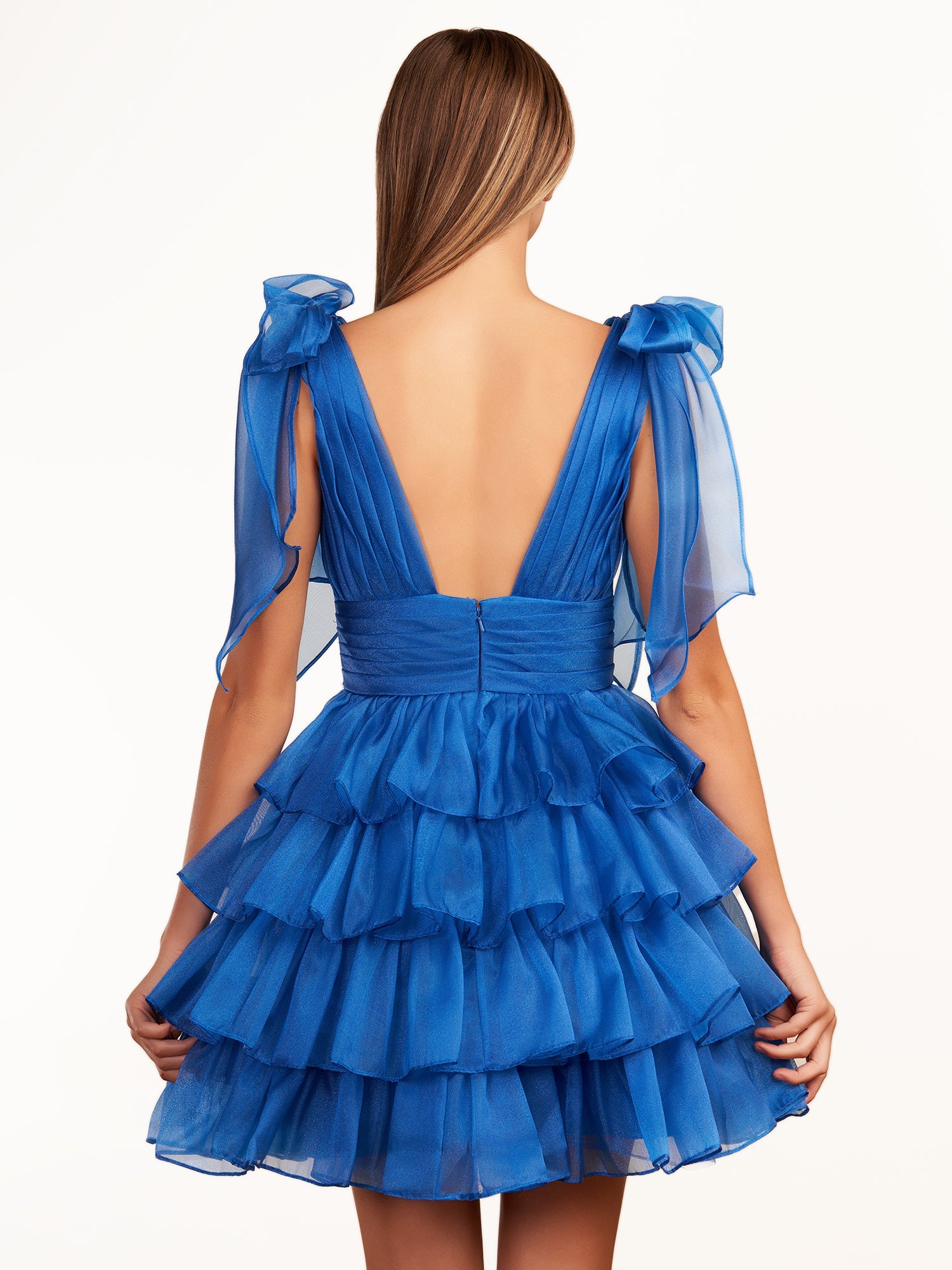 KissDress Trendy  A-Line Royal Blue Tiered Homecoming Dress with Bow | Crafted from durable polyester, the V-neckline frames your face beautifully. Shine bright on your special night in this comfortable and luxurious dress.