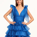 KissDress Trendy  A-Line Royal Blue Tiered Homecoming Dress with Bow | Crafted from durable polyester, the V-neckline frames your face beautifully. Shine bright on your special night in this comfortable and luxurious dress.