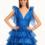 KissDress Trendy  A-Line Royal Blue Tiered Homecoming Dress with Bow | Crafted from durable polyester, the V-neckline frames your face beautifully. Shine bright on your special night in this comfortable and luxurious dress.