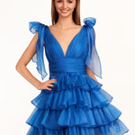 KissDress Trendy  A-Line Royal Blue Tiered Homecoming Dress with Bow | Crafted from durable polyester, the V-neckline frames your face beautifully. Shine bright on your special night in this comfortable and luxurious dress.