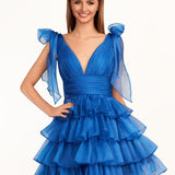 KissDress Trendy  A-Line Royal Blue Tiered Homecoming Dress with Bow | Crafted from durable polyester, the V-neckline frames your face beautifully. Shine bright on your special night in this comfortable and luxurious dress.