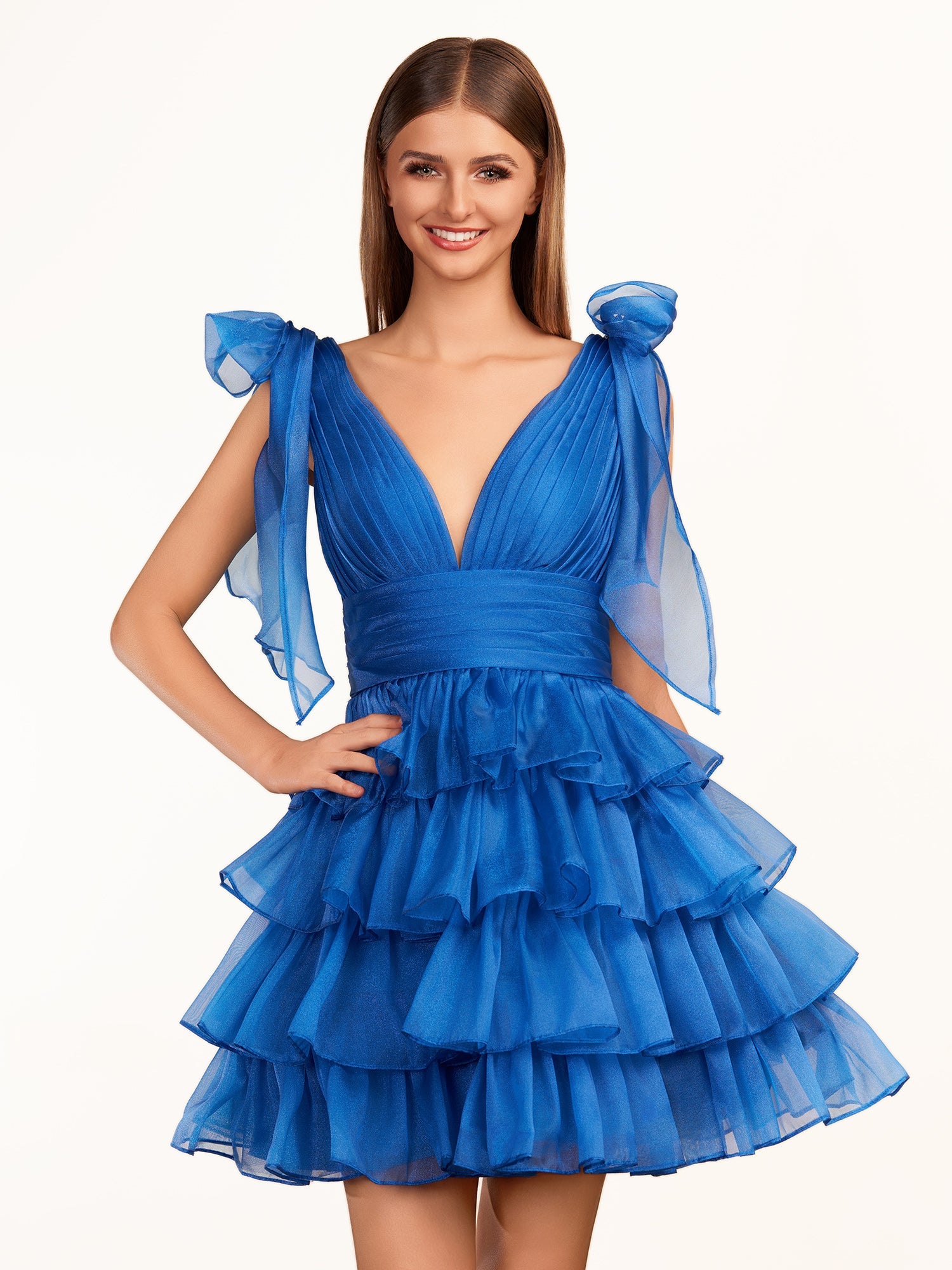 KissDress Trendy  A-Line Royal Blue Tiered Homecoming Dress with Bow | Crafted from durable polyester, the V-neckline frames your face beautifully. Shine bright on your special night in this comfortable and luxurious dress.