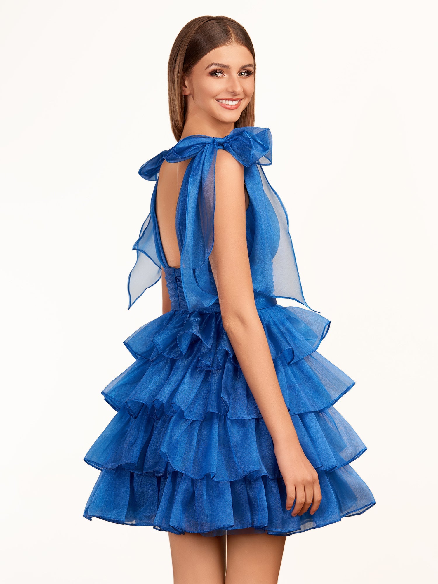 KissDress Trendy  A-Line Royal Blue Tiered Homecoming Dress with Bow | Crafted from durable polyester, the V-neckline frames your face beautifully. Shine bright on your special night in this comfortable and luxurious dress.