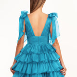 KissDress Trendy  A-Line Royal Blue Tiered Homecoming Dress with Bow | Crafted from durable polyester, the V-neckline frames your face beautifully. Shine bright on your special night in this comfortable and luxurious dress.