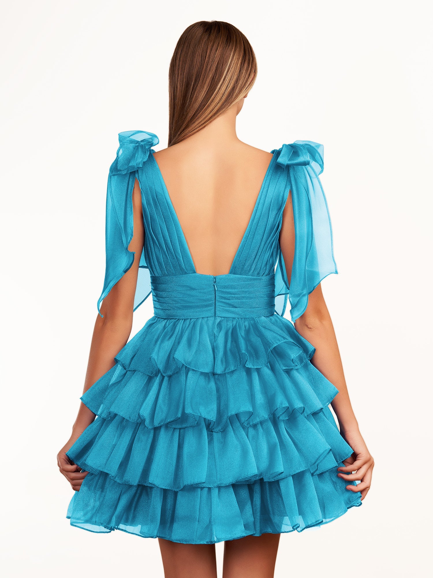 KissDress Trendy  A-Line Royal Blue Tiered Homecoming Dress with Bow | Crafted from durable polyester, the V-neckline frames your face beautifully. Shine bright on your special night in this comfortable and luxurious dress.