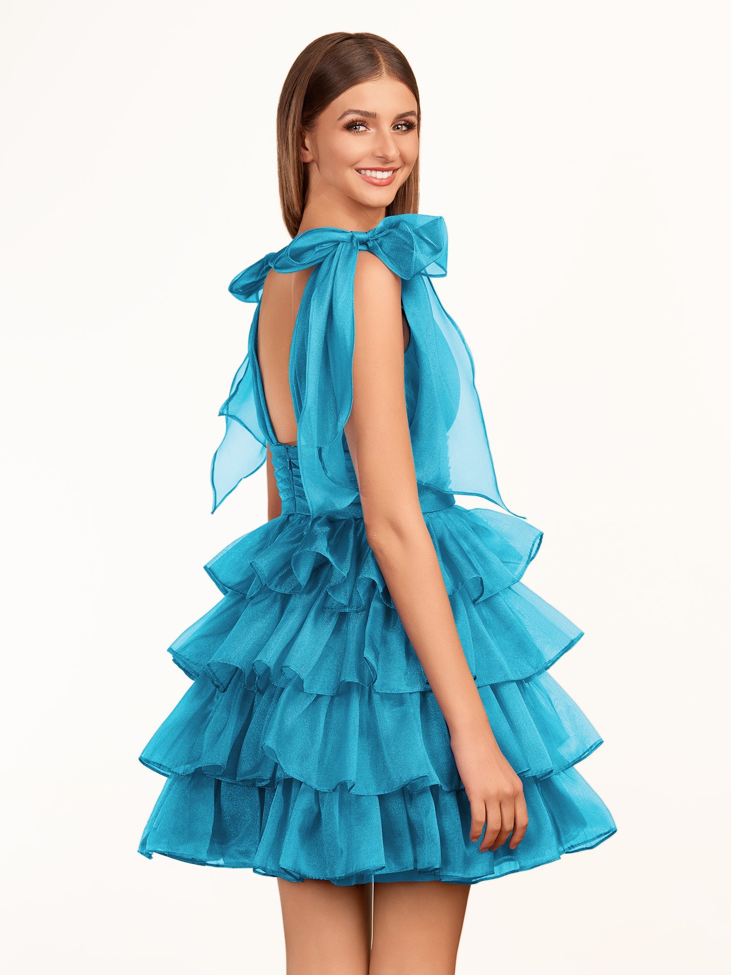 KissDress Trendy  A-Line Royal Blue Tiered Homecoming Dress with Bow | Crafted from durable polyester, the V-neckline frames your face beautifully. Shine bright on your special night in this comfortable and luxurious dress.