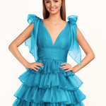 KissDress Trendy  A-Line Royal Blue Tiered Homecoming Dress with Bow | Crafted from durable polyester, the V-neckline frames your face beautifully. Shine bright on your special night in this comfortable and luxurious dress.