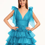 KissDress Trendy  A-Line Royal Blue Tiered Homecoming Dress with Bow | Crafted from durable polyester, the V-neckline frames your face beautifully. Shine bright on your special night in this comfortable and luxurious dress.