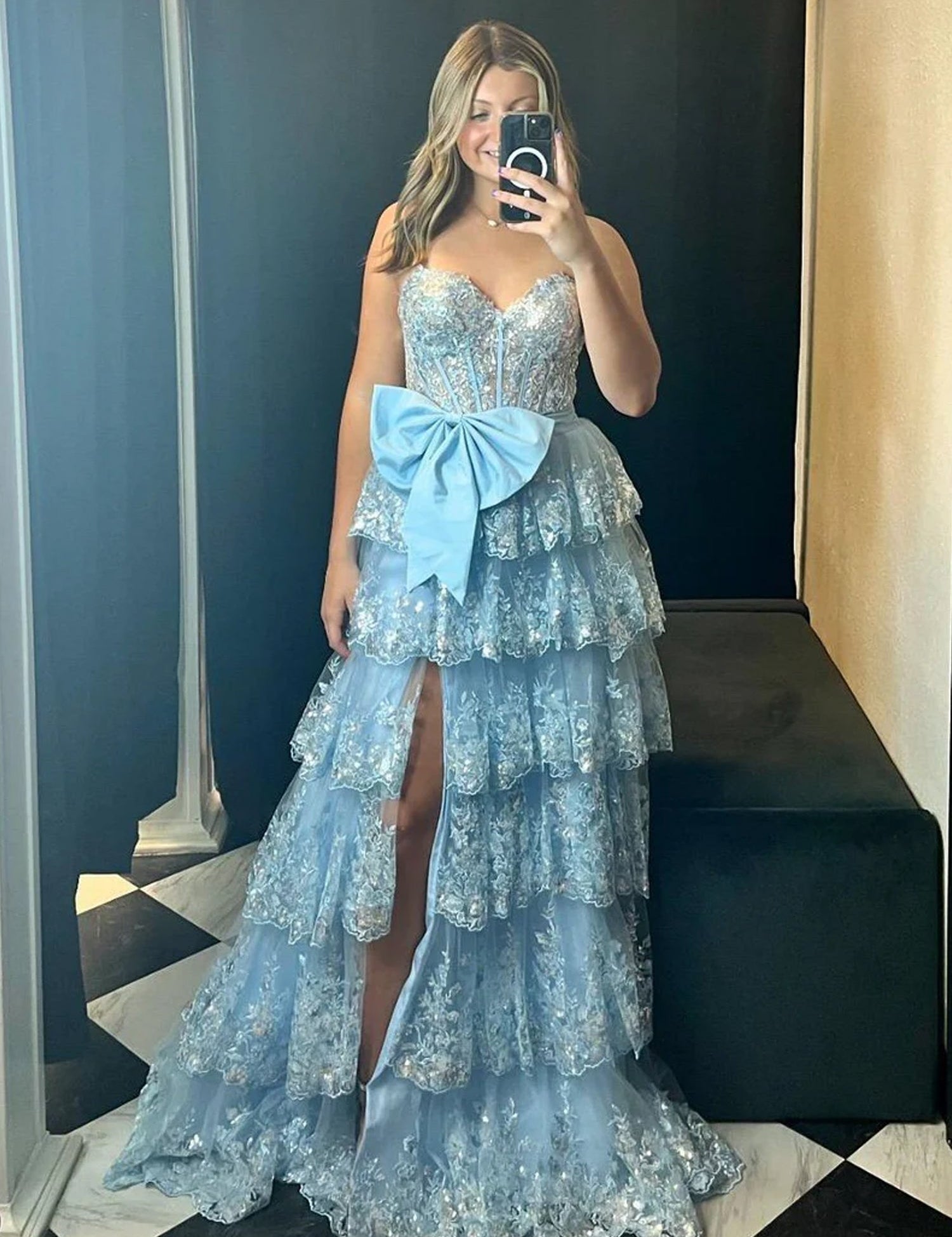 Jonjay | Sweetheart Light Blue  Lace Appliques Ruffle Long Formal Gown