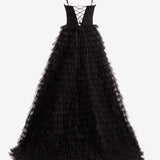 Jordan | Black A-Line Tiered Sequins Tulle Long Prom Dress