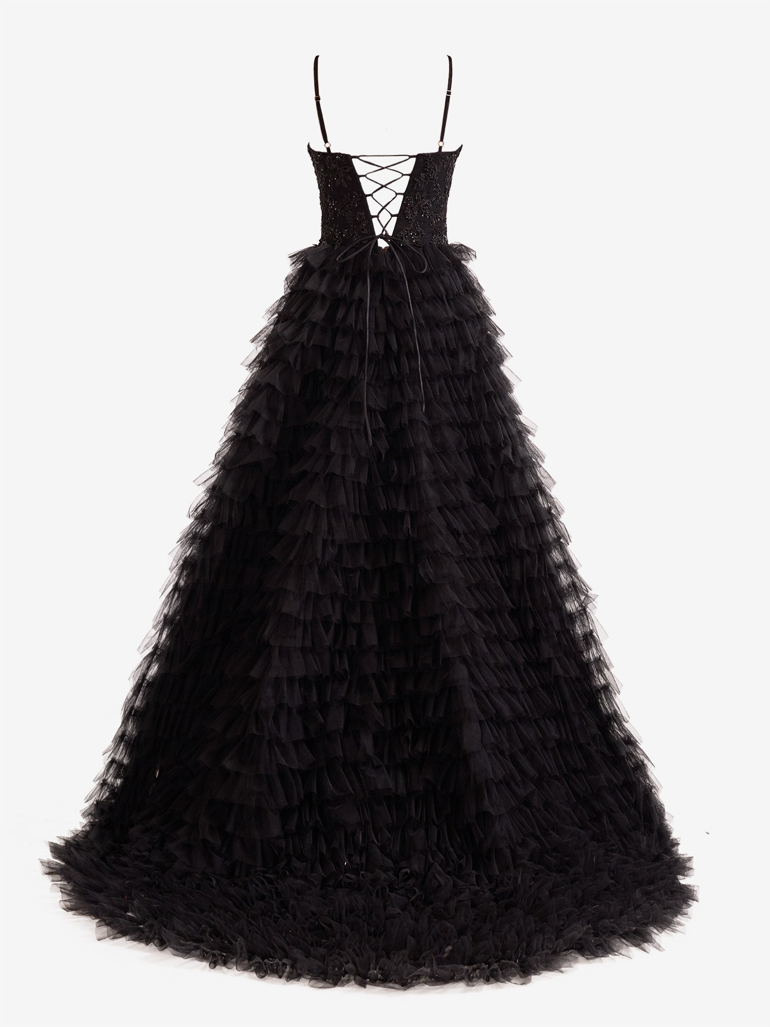 Jordan | Black A-Line Tiered Sequins Tulle Long Prom Dress