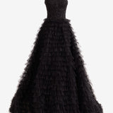 Jordan | Black A-Line Tiered Sequins Tulle Long Prom Dress