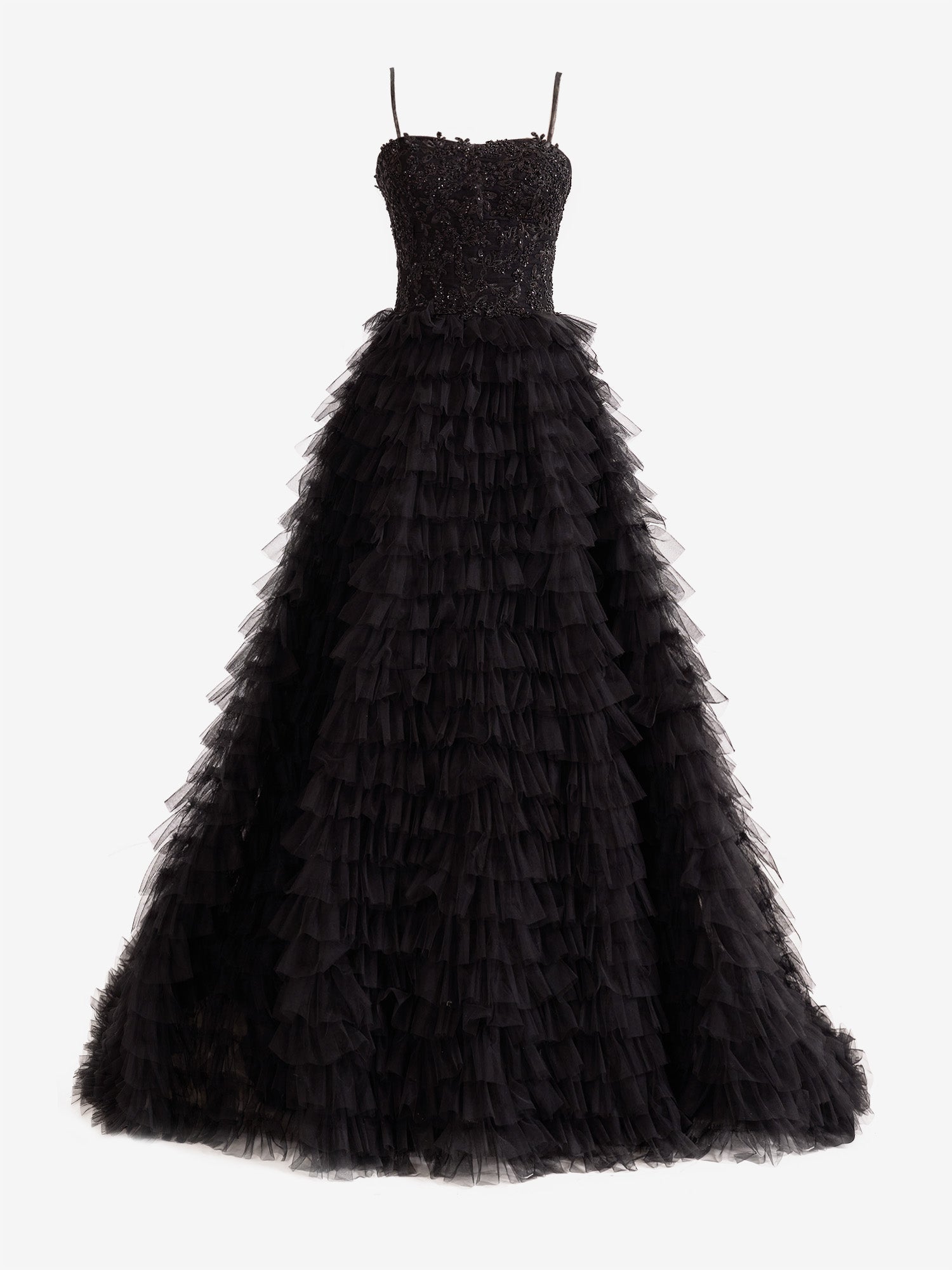 Jordan | Black A-Line Tiered Sequins Tulle Long Prom Dress