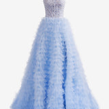 Jordan | Sky Blue A-Line Tiered Sequins Tulle Long Prom Dress