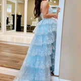 Kaisa | Sky Blue A Line Strapless Ruffle Sequin Lace Prom Dresses