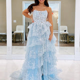 Kaisa | Sky Blue A Line Strapless Ruffle Sequin Lace Prom Dresses